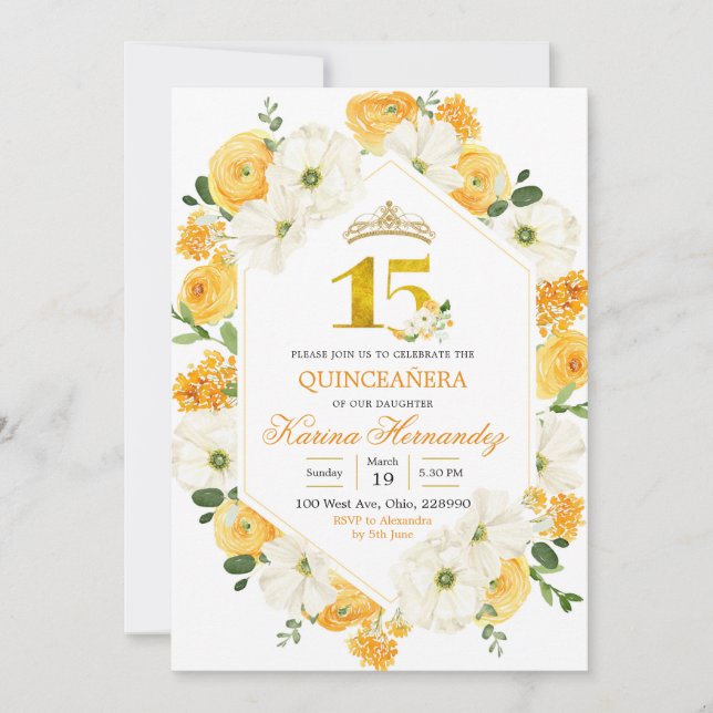 Jaune Floral Mis Quince 15 Anniversaire Invitation (Devant)