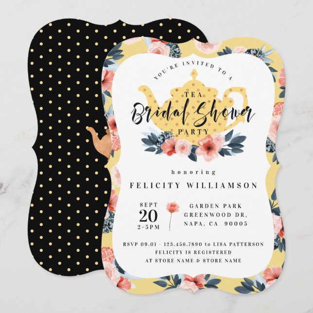 Jaune Floral Tea Party Bridal Douche Invitation (Devant / Derrière)