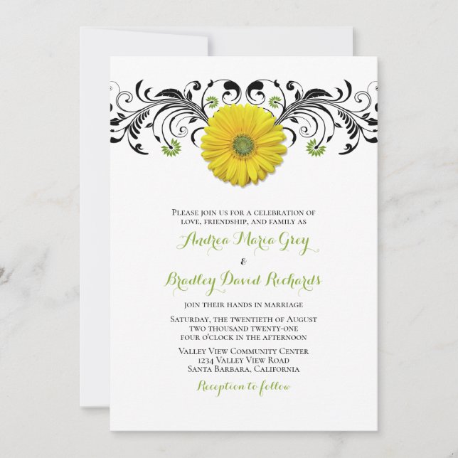 Jaune Gerber Daisy Floral Faire-part de mariage (Devant)