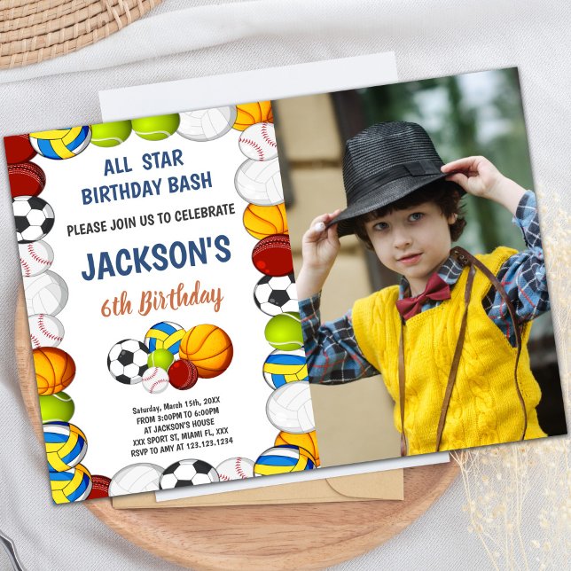 Jaune Green Sports Anniversaire Invitations avec p (Yellow Green Sports Birthday Invitations w photo)