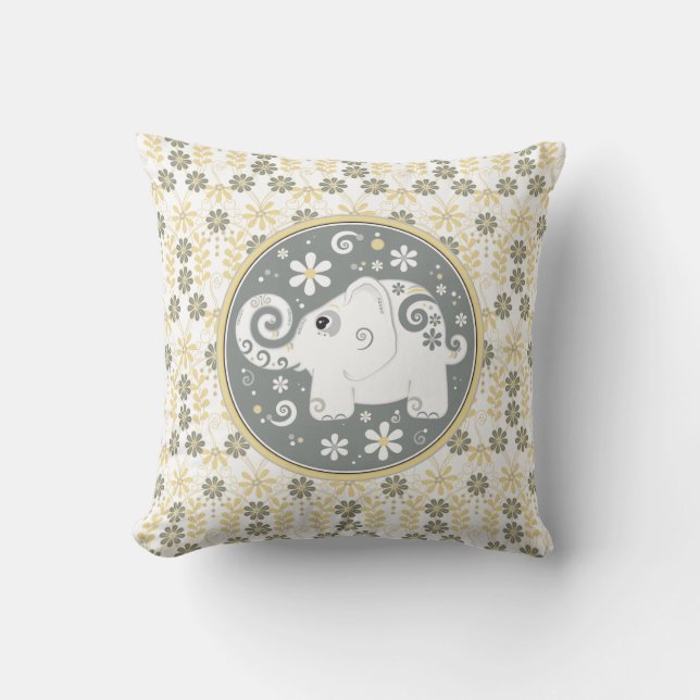 Jaune gris blanc Elephant Daisy Floral Coussin (Recto)