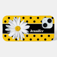 Jaune, Pois noirs, coque iphone Fleur marguerite