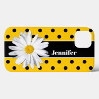 Jaune, Pois noirs, coque iphone Fleur marguerite