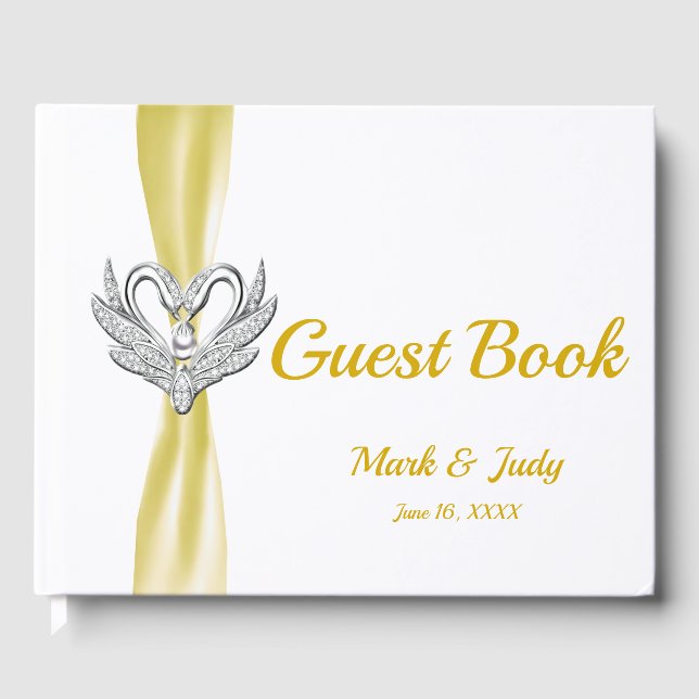 Jaune Ruban Silver Swans Mariage Livre d'or (Recto)