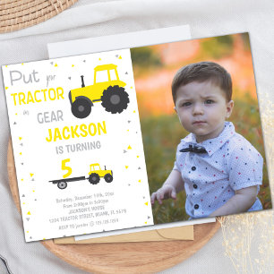 Jaune Tracteur Invitations Anniversaire avec photo