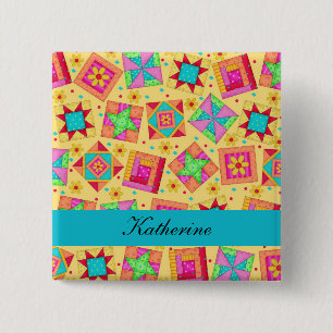 Jaune Turquoise Patchwork Quilt Blocks Nom Badge
