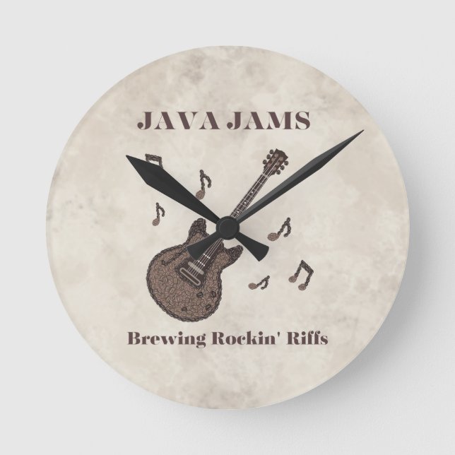 Java Jams-Brewing Rockin' Riffs-Kaffee-Gitarre- Runde Wanduhr (Vorderseite)