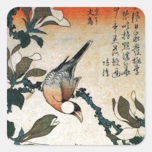 Java Sparrow und Kobushi Magnolia (von Hokusai) Quadratischer Aufkleber