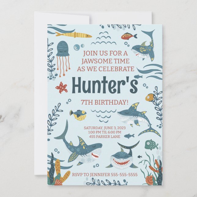Jawsome Requin Thème Anniversaire Invitation N'imp (Devant)