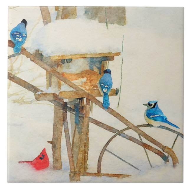 Jays and a Cardinal Sharing Winter Breakfast Fliese (Vorderseite)