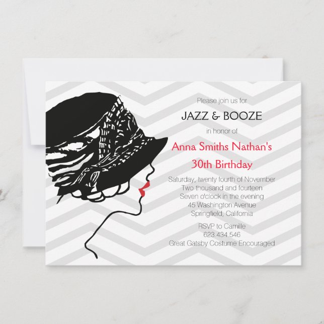 Jazz & Booze Great Gatsby Invitation Anniversaire (Devant)