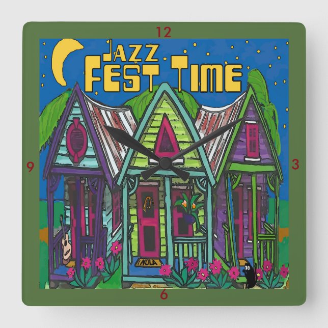 Jazz Fest Time Clock Quadratische Wanduhr (Vorderseite)