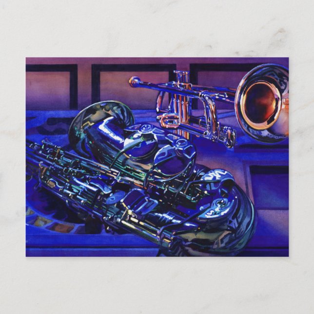 "Jazz in Blues" Musikinstrumente Wasserfarbe Postkarte (Vorderseite)