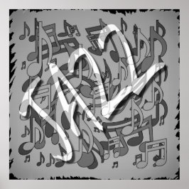 Jazz Music Pattern Dancing Swirting Notes BW Poster