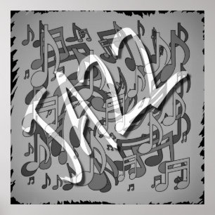 Jazz Music Pattern Dancing Swirting Notes BW Poster