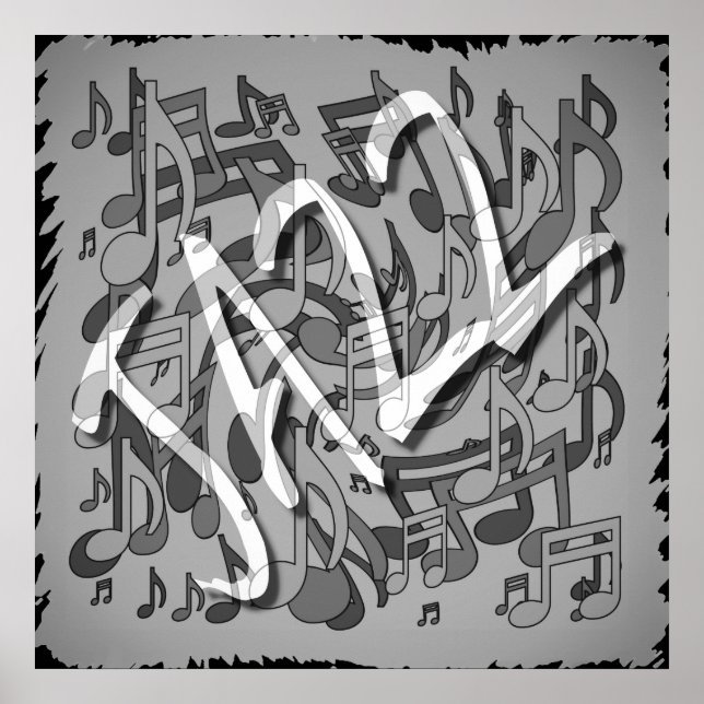 Jazz Music Pattern Dancing Swirting Notes BW Poster (Vorne)