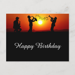 Jazzband-Silhouette Orange Sonnenuntergang Geburts Postkarte