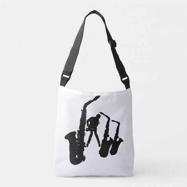 Jazzman Black Silhouette Sax Jazz White Bag Tragetaschen Mit Langen Trägern (Vorderseite)