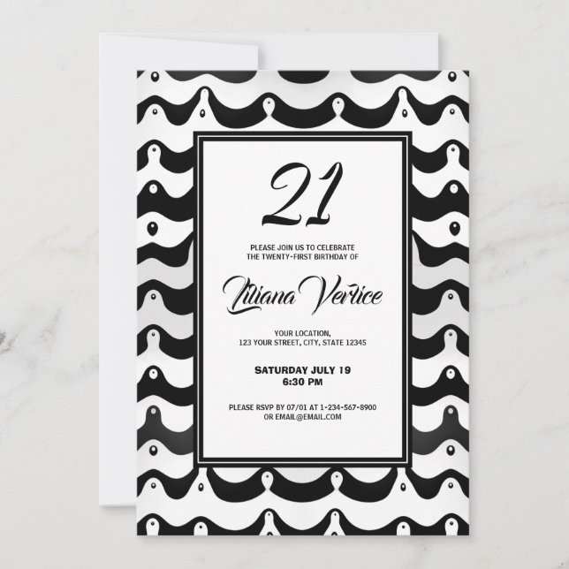 Jazzy Black & White Wavy Zebra Streifen Einladung (Vorderseite)