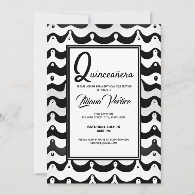 Jazzy Black & White Wavy Zebra Streifen Einladung (Vorderseite)