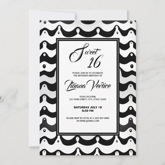 Jazzy Black & White Wavy Zebra Streifen Einladung (Vorderseite)