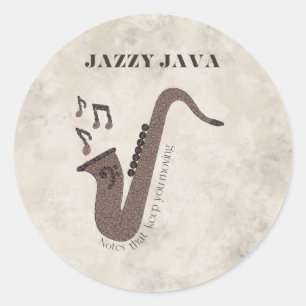 Jazzy Java-Kaffeebohnen-Saxophon- Runder Aufkleber