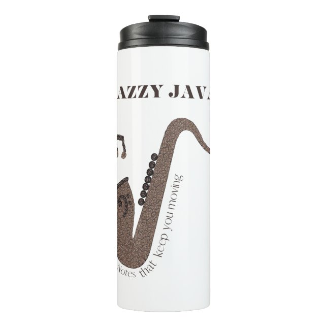 Jazzy Java-Saxophon-Kaffeebohnen- Thermosbecher (Vorderseite)