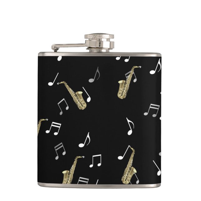 Jazzy Saxophon & Musical Notes Flachmann (Vorderseite)