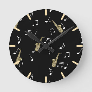 Jazzy Saxophone & Musical Notes Runde Wanduhr
