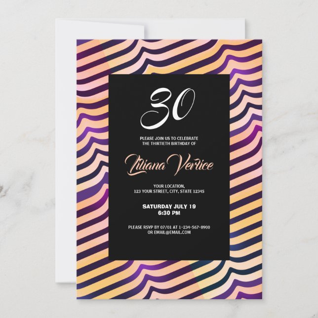 Jazzy Shine Peach Lila Diagonal Stripes Einladung (Vorderseite)
