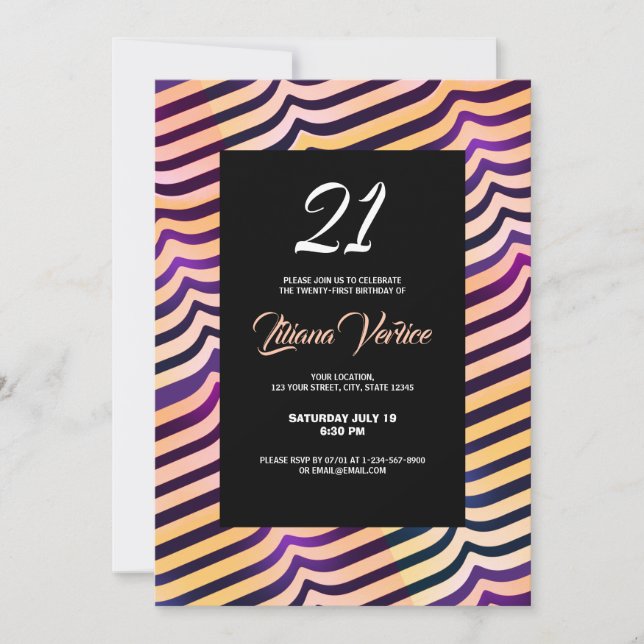 Jazzy Shine Peach Lila Diagonal Stripes Einladung (Vorderseite)
