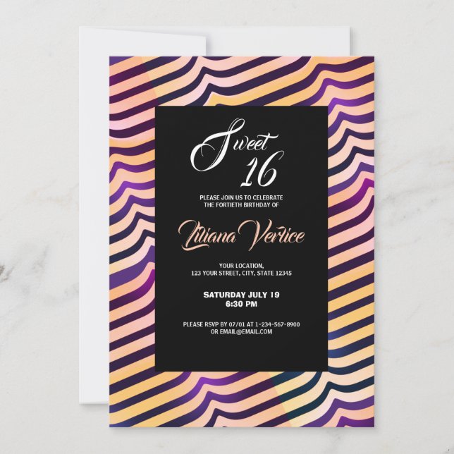 Jazzy Shine Peach Lila Diagonal Stripes Einladung (Vorderseite)