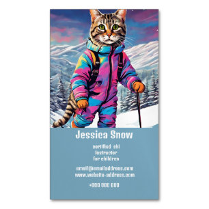 Jazzy Winterkatze beim Skifahren Magnetische Visitenkarte