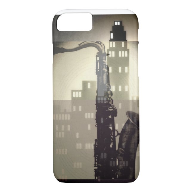 Jazzzeitalter inspiriert Saxophon und Deko Gebäude Case-Mate iPhone Hülle (Rückseite)