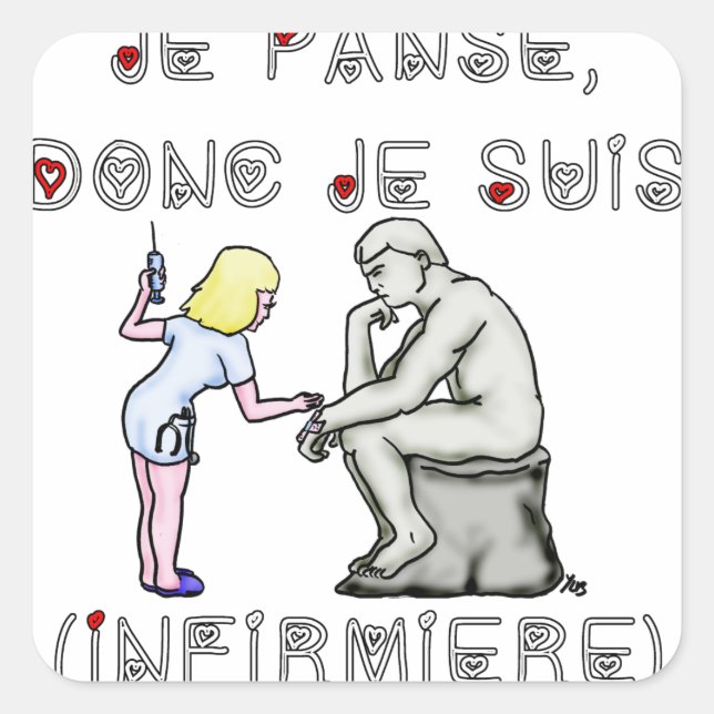 Je panse donc je suis (Infirmière) - Jeux de mots Quadratischer Aufkleber (Vorderseite)