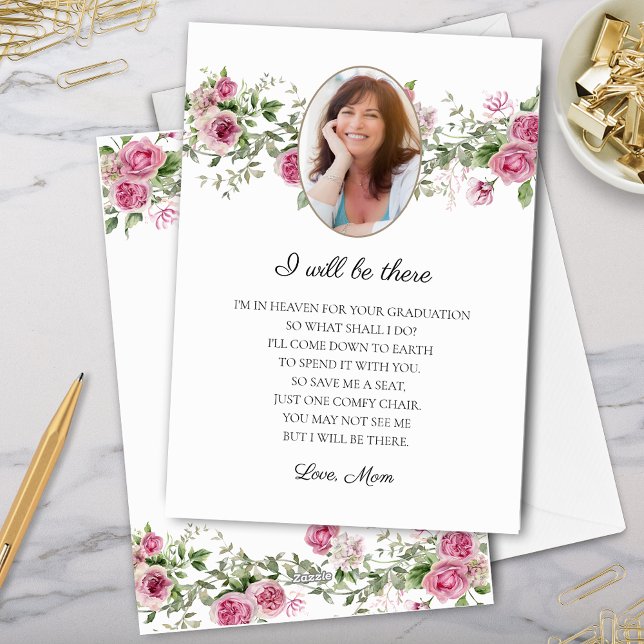 Je Serai Là Rose Maman Carte Graduelle Memorial (elegant rose floral mom memorial i will be there card from mother to graduate for save me a seat)