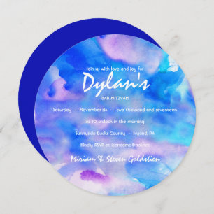 Je Suis BLUE WATERCOLOR Bat mitzvah Invitation