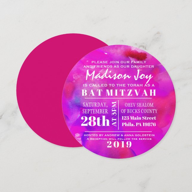 Je suis FUSHIA WATERCOLOR Bat mitzvah Invitation (Devant / Derrière)
