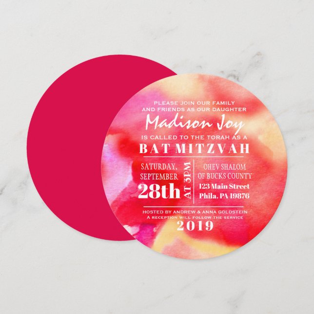 Je SUIS RED WATERCOLOR Bat mitzvah Invitation (Devant / Derrière)