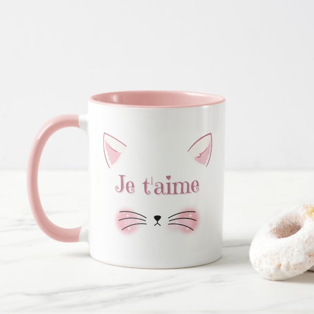Je t'aime Cute Chat Rose Face Café Mug (Avec donut)