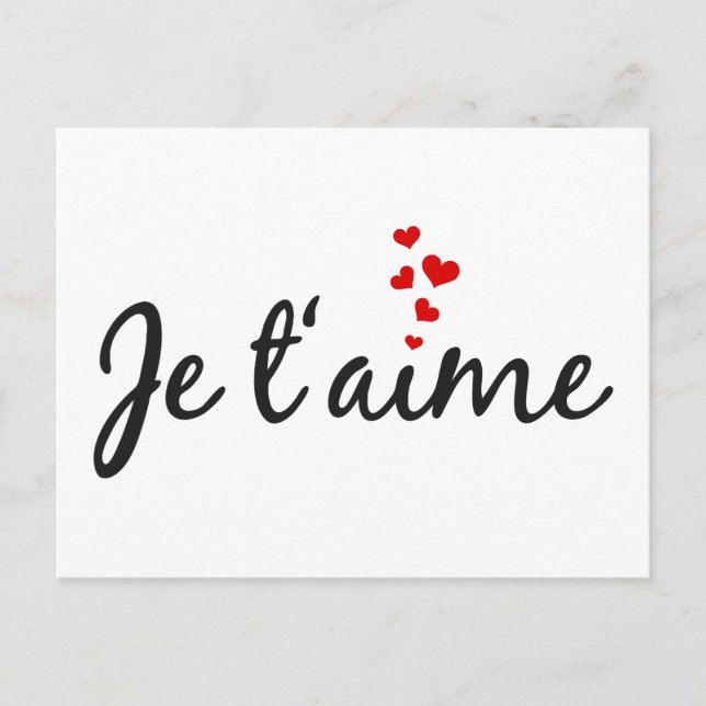 Je t'aime, französische Wortkunst mit Herzen Postkarte (Vorderseite)