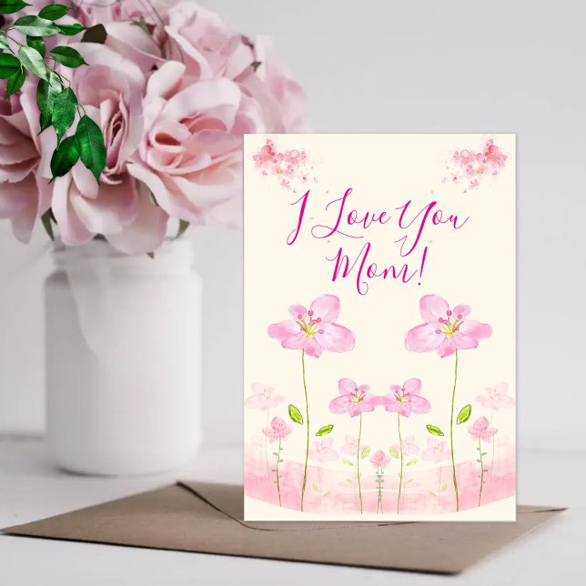Je t'aime Maman Fleurs roses Carte de vœux (Créateur téléchargé)
