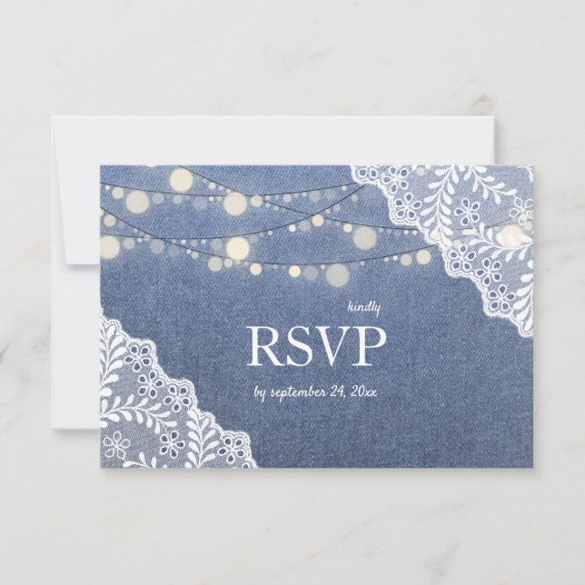 Jean, Lace & String Lights Wedding no Meal 2 RSVP Karte (Vorderseite)
