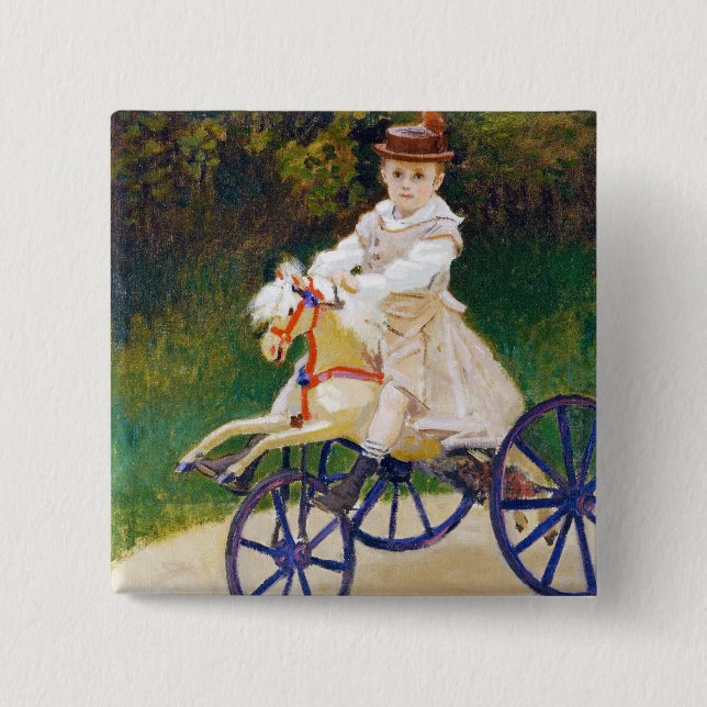 Jean Monet auf einem mechanischen Pferd Claude Button (Vorderseite)