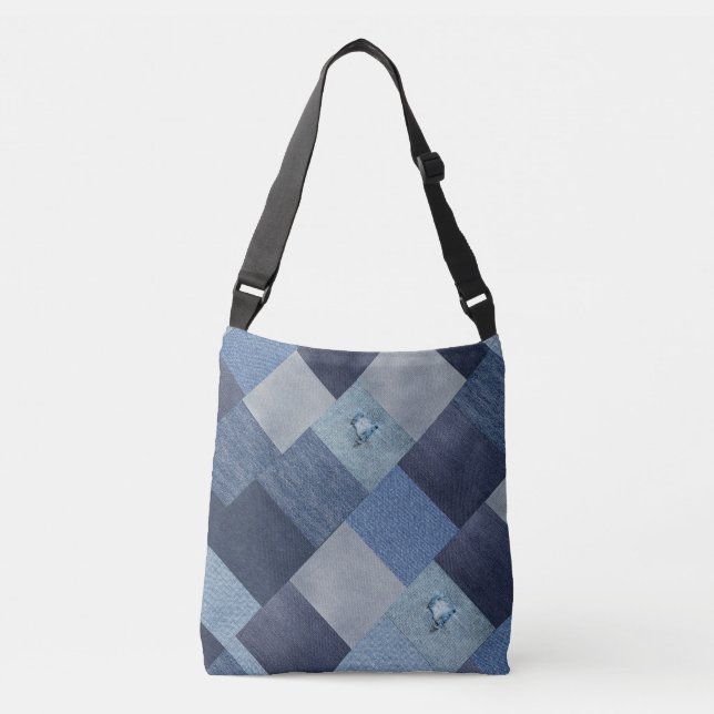 Jeans Patchwork Bedrückter Denim Tragetaschen Mit Langen Trägern (Vorderseite)