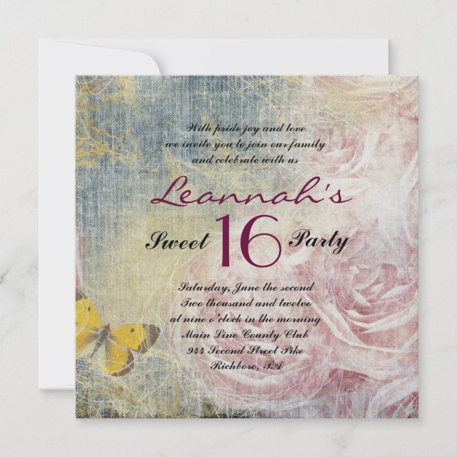 JEANS ROSE & BUTTERFLIES Sweet 16 Einladung (Vorderseite)