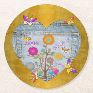 Jeans Tasche Herz Blumen Schmetterlinge Runder Pappuntersetzer