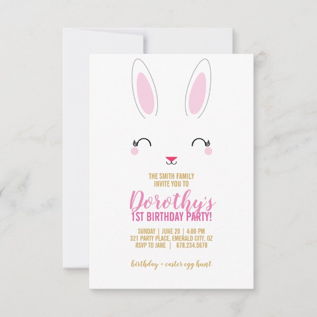 JEDE ALTERLICHE Pink BUNNY BIRTHDAY Party Einladung (Vorderseite)