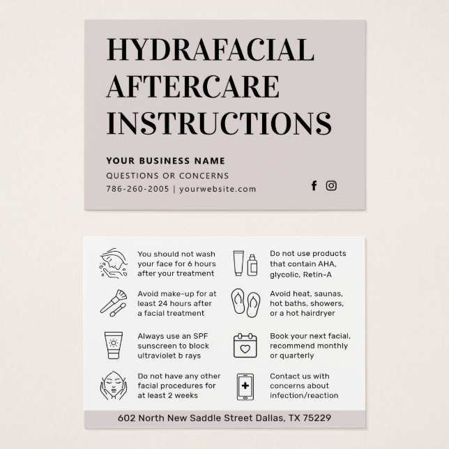 Jede Color HydraFacial Aftercare Advice Card (Vorne & Hinten)