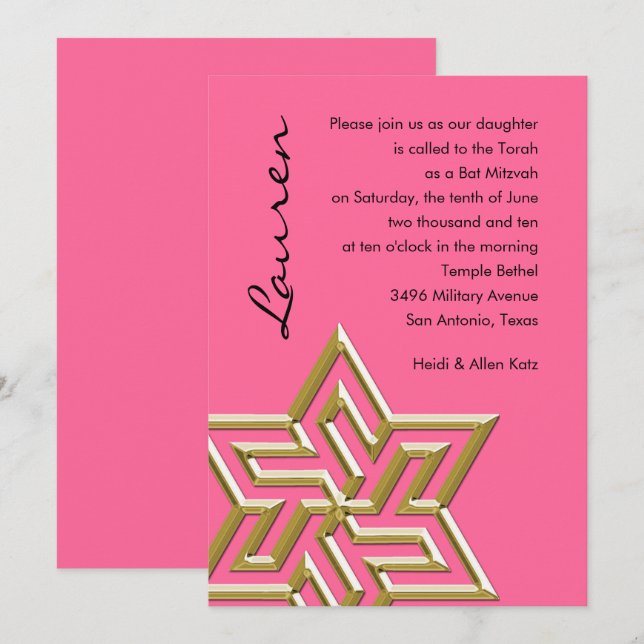 Jede Farbe Bat Mitzvah großen Gold Star von David Einladung (Vorne/Hinten)